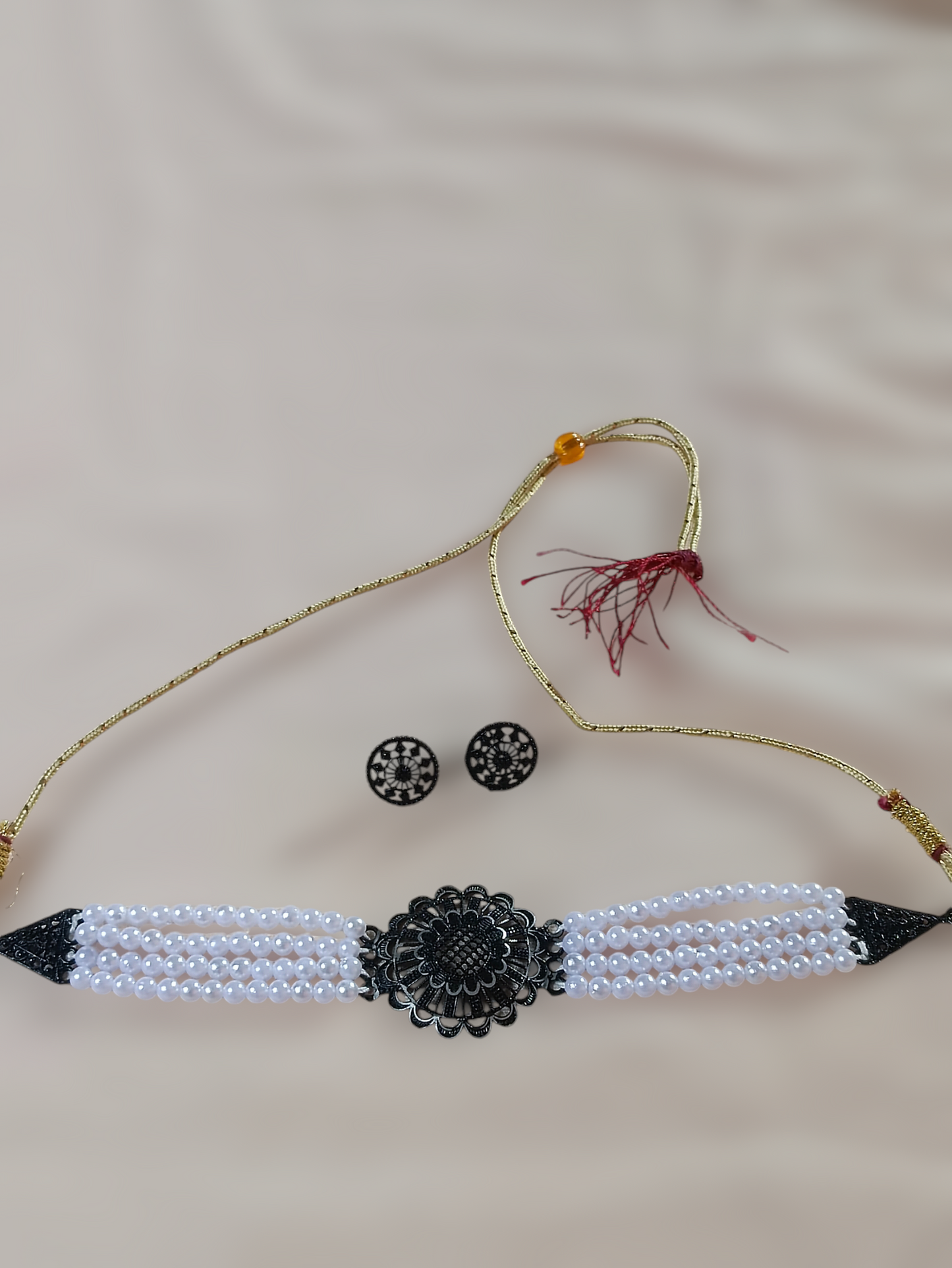 Oxidised pendent with moti mala necklace set