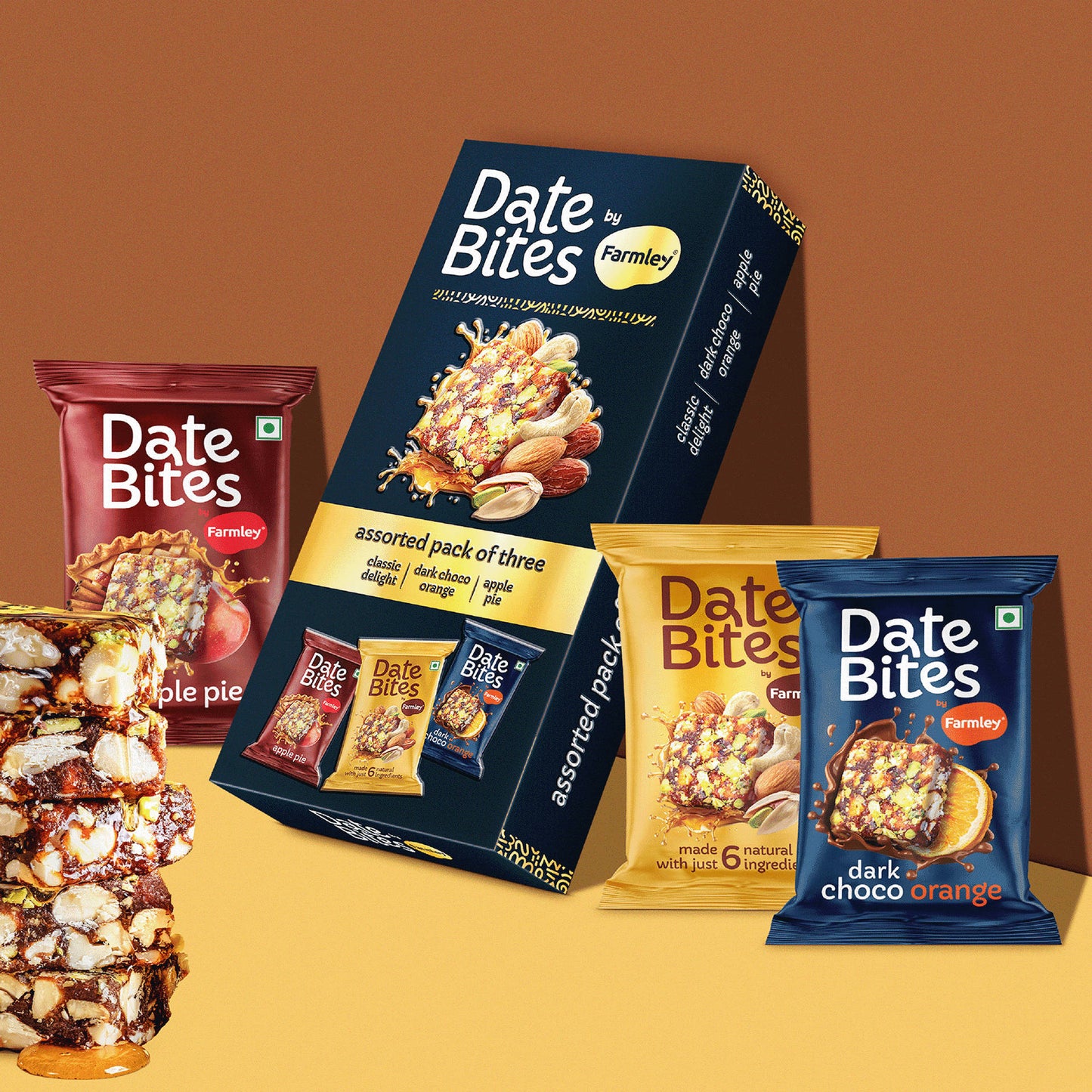 Date Bites By Farmley (assorted pack of three) [Classic Delight, Dark Choco Orange, Apple Pie]
