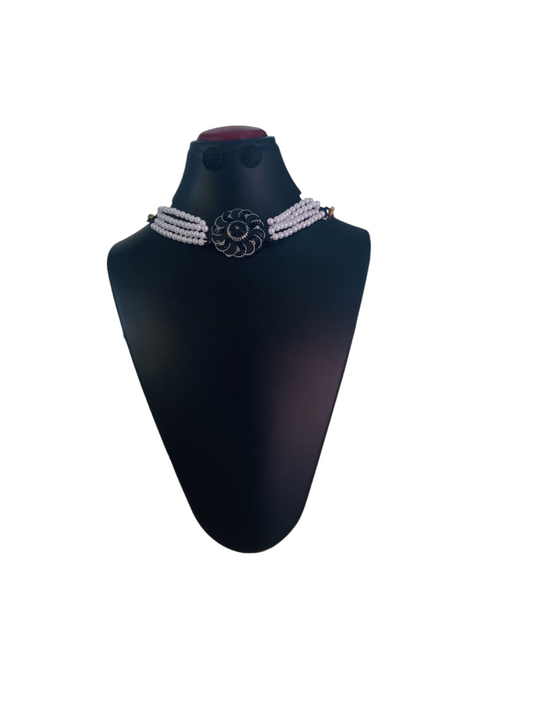 Oxidised pendent with moti mala necklace set